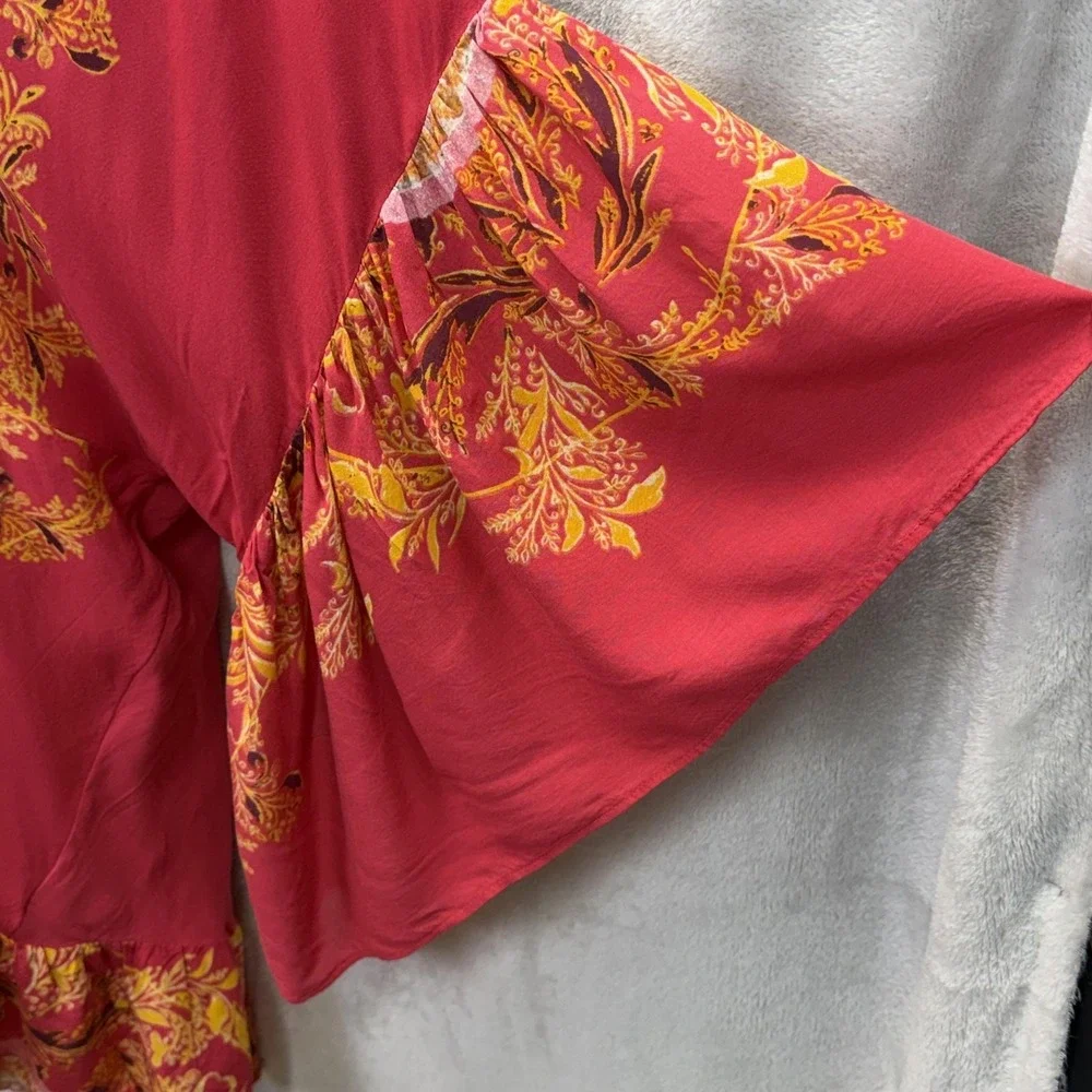 Free‎ People Sunset Dreams Tunic Top Womens L Red Flared Sleeve V-Neck Boho